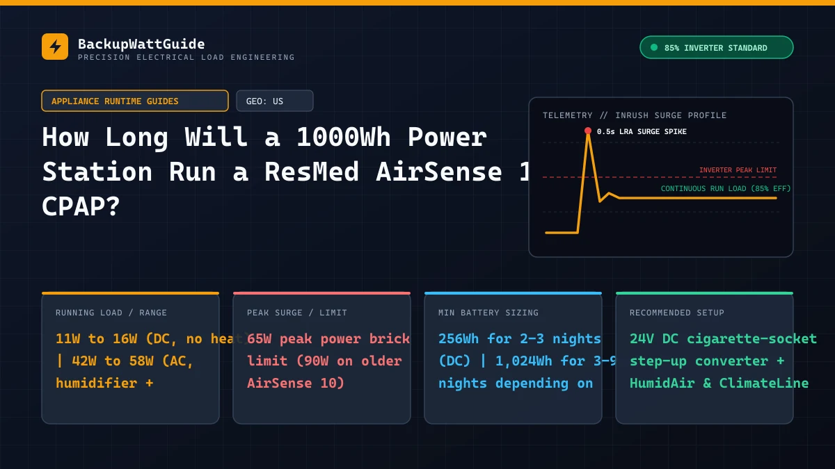 Technical load specification and sizing diagram for How Long Will a 1000Wh Power Station Run a ResMed AirSense 11 CPAP? (11W to 16W (DC, no heat) | 42W to 58W (AC, humidifier + ClimateLine)).