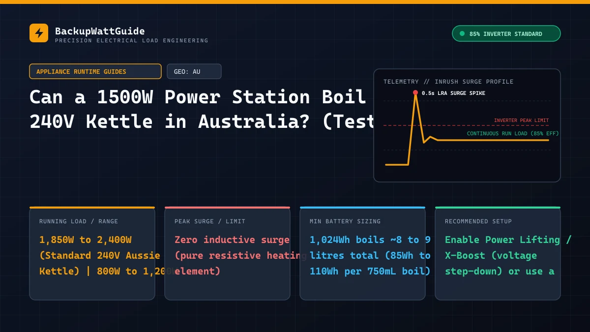 Technical load specification and sizing diagram for Can a 1500W Power Station Boil a 240V Kettle in Australia? (Test) (1,850W to 2,400W (Standard 240V Aussie Kettle) | 800W to 1,200W (Travel Kettle)).