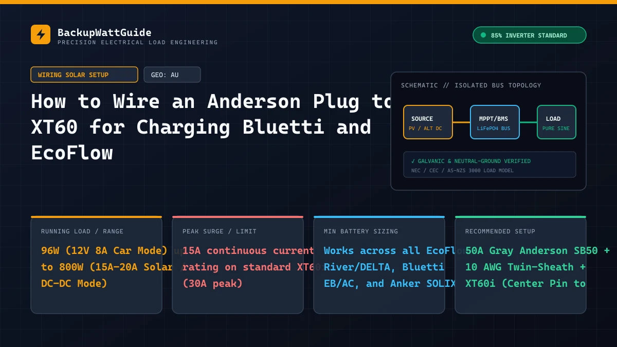 Technical load specification and sizing diagram for How to Wire an Anderson Plug to XT60 for Charging Bluetti and EcoFlow (96W (12V 8A Car Mode) up to 800W (15A–20A Solar / DC-DC Mode)).