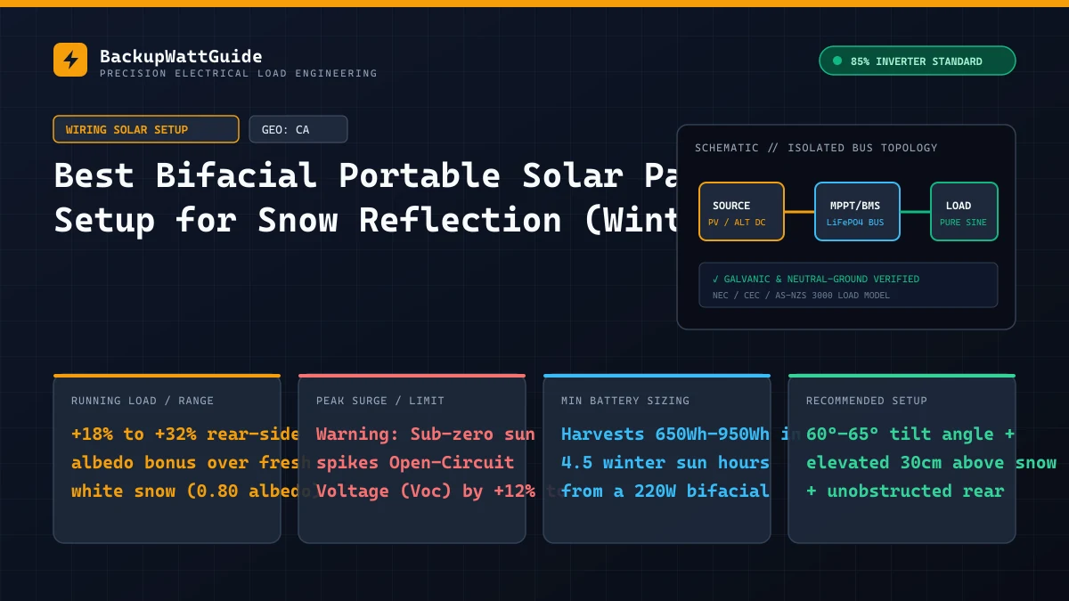 Technical load specification and sizing diagram for Best Bifacial Portable Solar Panel Setup for Snow Reflection (Winter) (+18% to +32% rear-side albedo bonus over fresh white snow (0.80 albedo)).