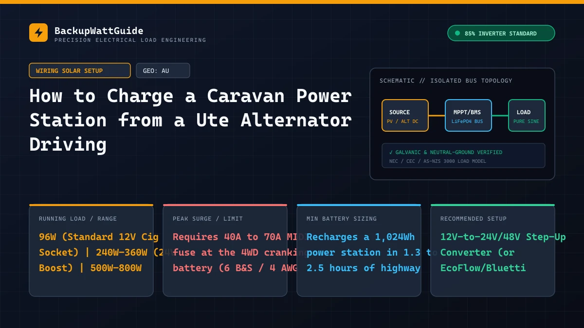 Technical load specification and sizing diagram for How to Charge a Caravan Power Station from a Ute Alternator Driving (96W (Standard 12V Cig Socket) | 240W–360W (24V Boost) | 500W–800W (Dedicated Charger)).