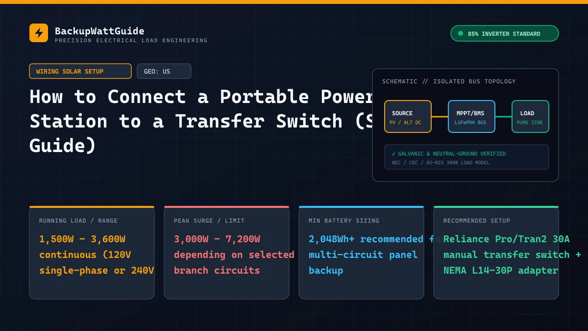 Technical load specification and sizing diagram for How to Connect a Portable Power Station to a Transfer Switch (Safe Guide) (1,500W – 3,600W continuous (120V single-phase or 240V split-phase)).