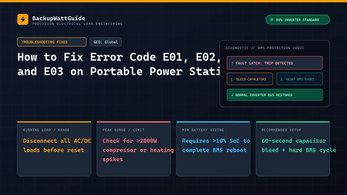 Technical load specification and sizing diagram for How to Fix Error Code E01, E02, and E03 on Portable Power Stations (Disconnect all AC/DC loads before reset).