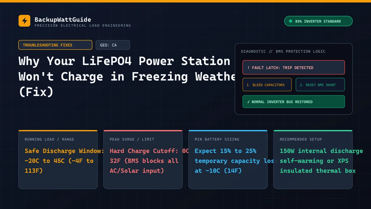 Technical load specification and sizing diagram for Why Your LiFePO4 Power Station Won't Charge in Freezing Weather (Fix) (Safe Discharge Window: -20C to 45C (-4F to 113F)).