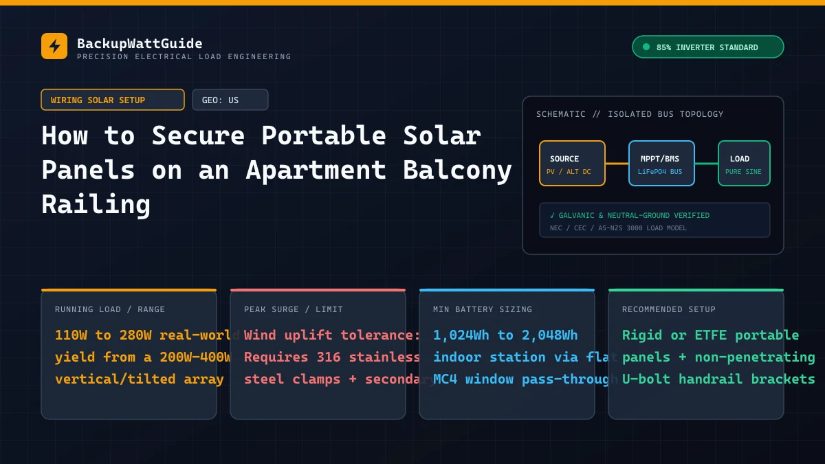 Technical load specification and sizing diagram for How to Secure Portable Solar Panels on an Apartment Balcony Railing (110W to 280W real-world yield from a 200W–400W vertical/tilted array).
