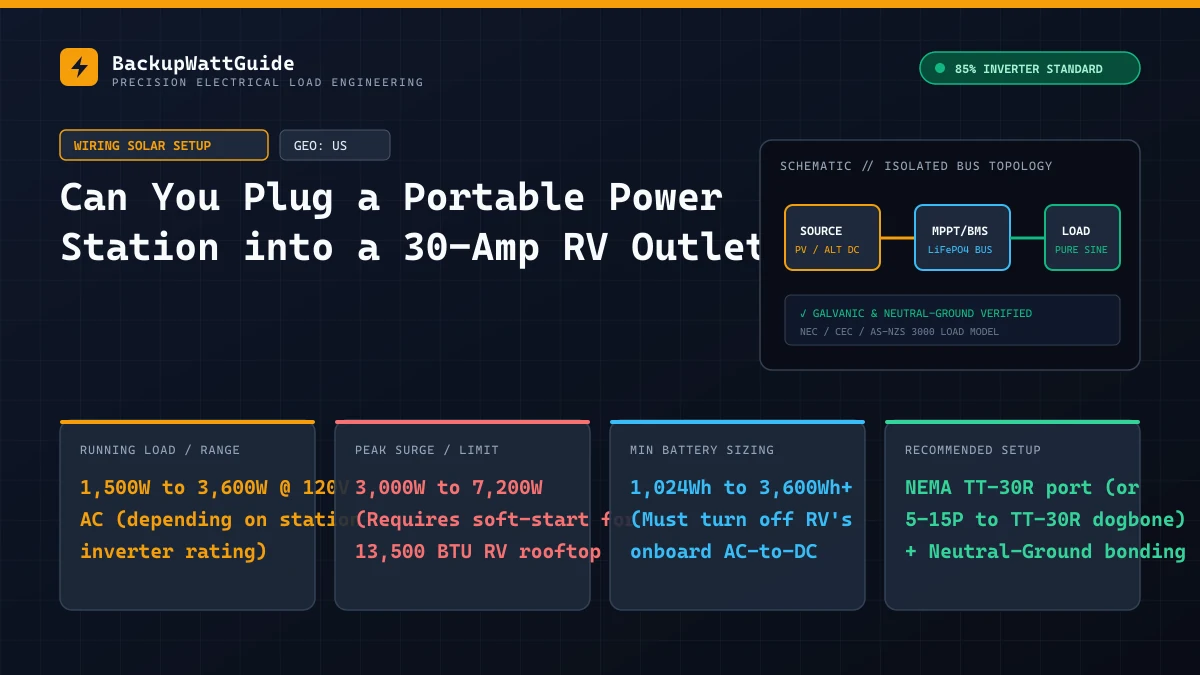 Technical load specification and sizing diagram for Can You Plug a Portable Power Station into a 30-Amp RV Outlet? (1,500W to 3,600W @ 120V AC (depending on station inverter rating)).