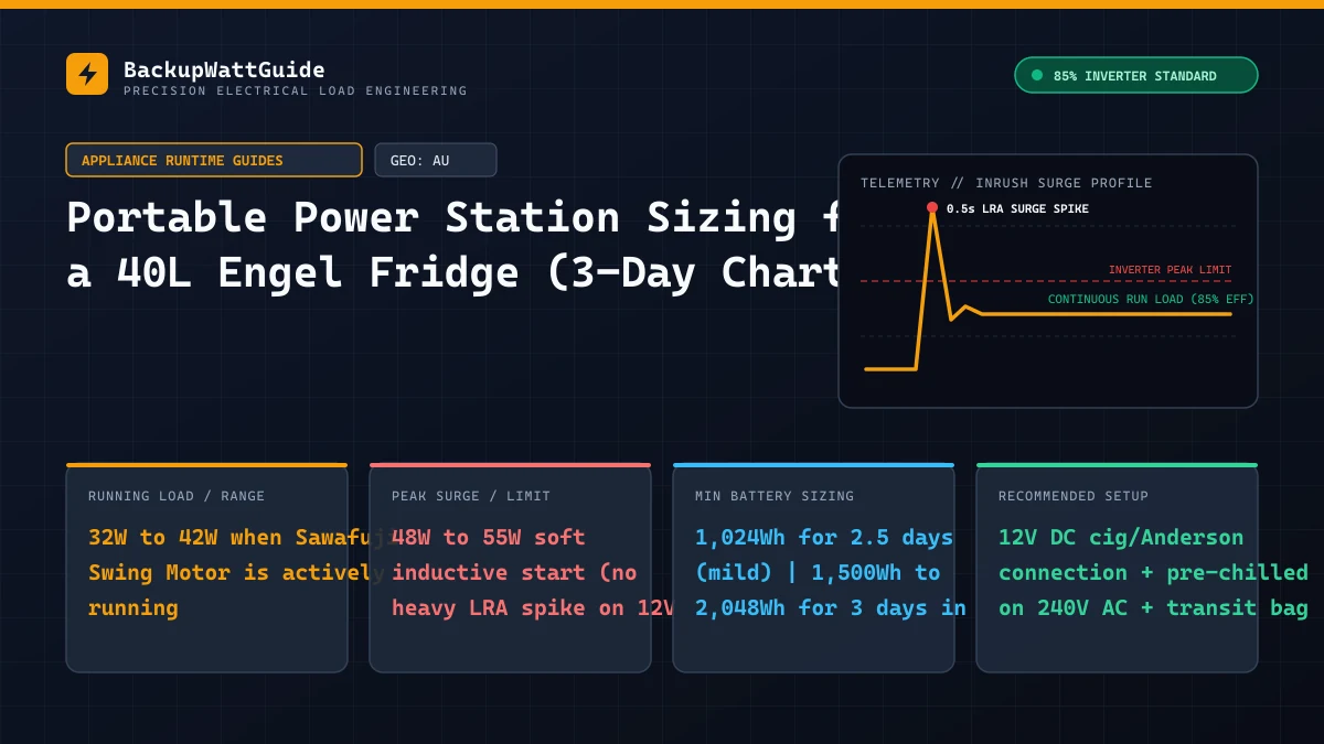 Technical load specification and sizing diagram for Portable Power Station Sizing for a 40L Engel Fridge (3-Day Chart) (32W to 42W when Sawafuji Swing Motor is actively running).