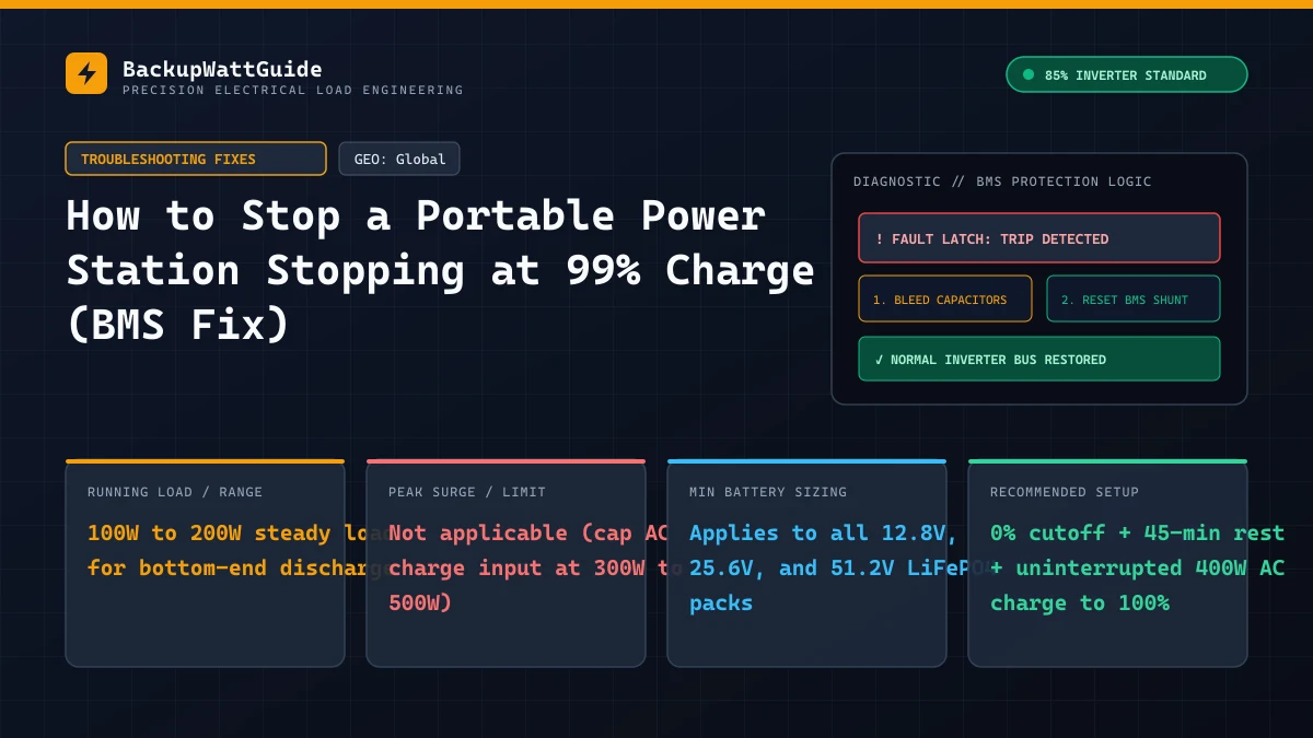 Technical load specification and sizing diagram for How to Stop a Portable Power Station Stopping at 99% Charge (BMS Fix) (100W to 200W steady load for bottom-end discharge).