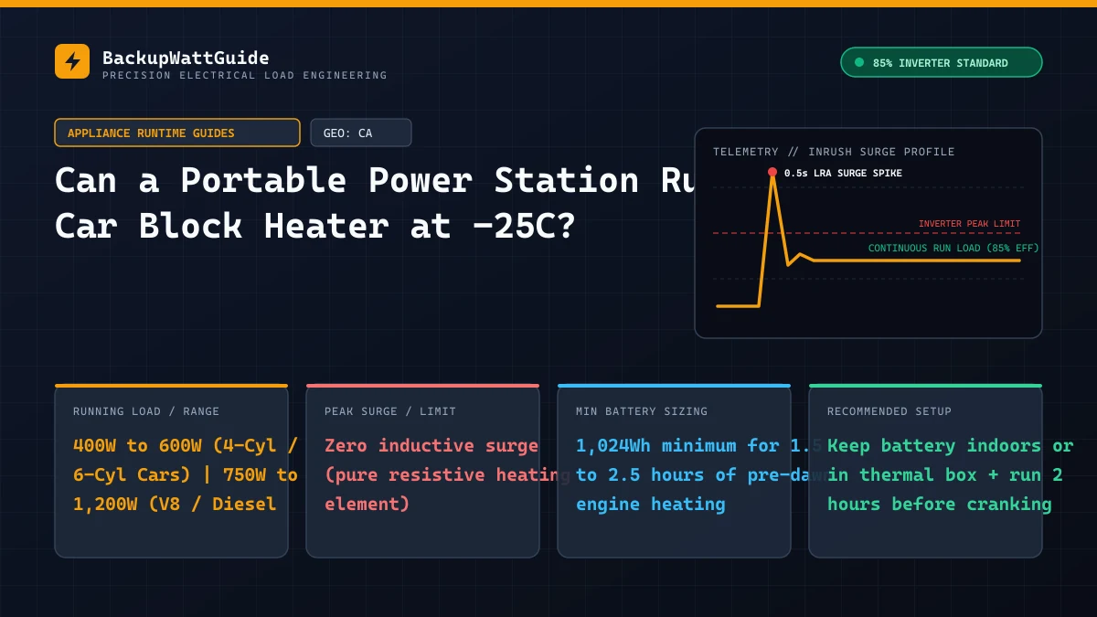 Technical load specification and sizing diagram for Can a Portable Power Station Run a Car Block Heater at -25C? (400W to 600W (4-Cyl / 6-Cyl Cars) | 750W to 1,200W (V8 / Diesel Trucks)).