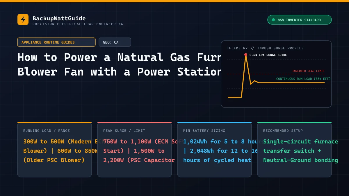 Technical load specification and sizing diagram for How to Power a Natural Gas Furnace Blower Fan with a Power Station (300W to 500W (Modern ECM Blower) | 600W to 850W (Older PSC Blower)).