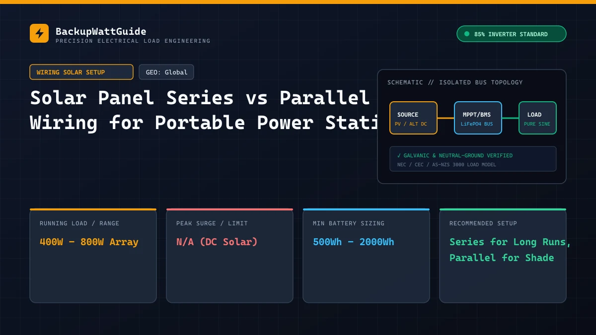 Technical load specification and sizing diagram for Solar Panel Series vs Parallel Wiring for Portable Power Stations (400W - 800W Array).