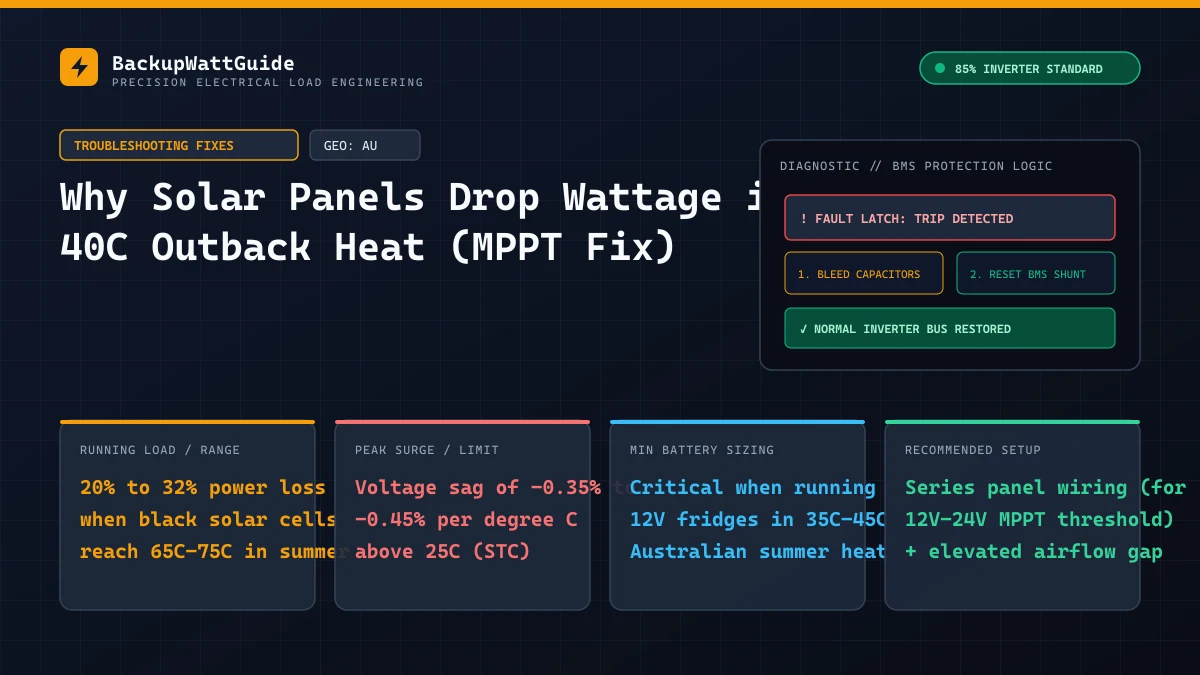 Technical load specification and sizing diagram for Why Solar Panels Drop Wattage in 40C Outback Heat (MPPT Fix) (20% to 32% power loss when black solar cells reach 65C–75C in summer sun).