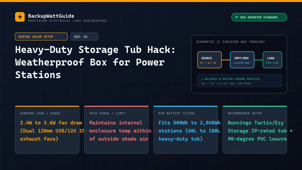 Technical load specification and sizing diagram for Heavy-Duty Storage Tub Hack: Weatherproof Box for Power Stations (2.4W to 3.6W fan draw (Dual 120mm USB/12V IP68 exhaust fans)).